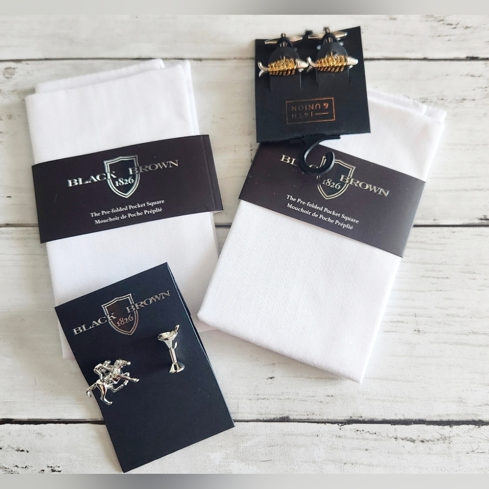 Men's Black Brown 1826/14th & Union Pocket Square/ Cufflinks/ Lapel Pins Bundle